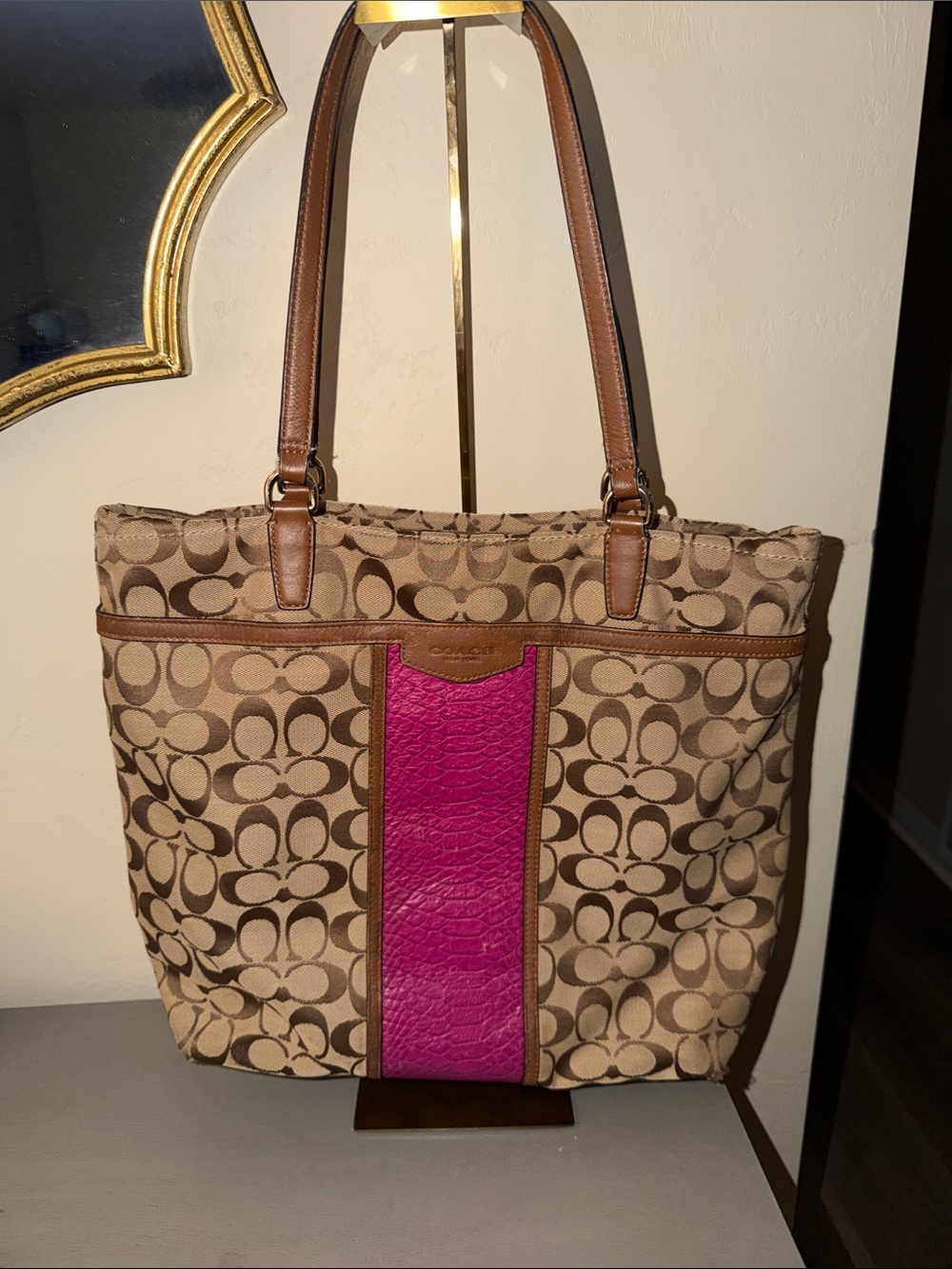 Coach Khaki Signature Canvas Tote with Pink Center Panel